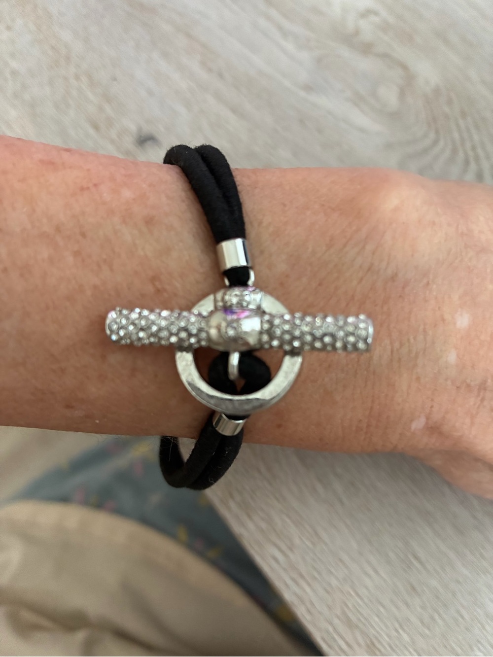 henri bendel Black Cord Bracelet with Silver Pave Toggle